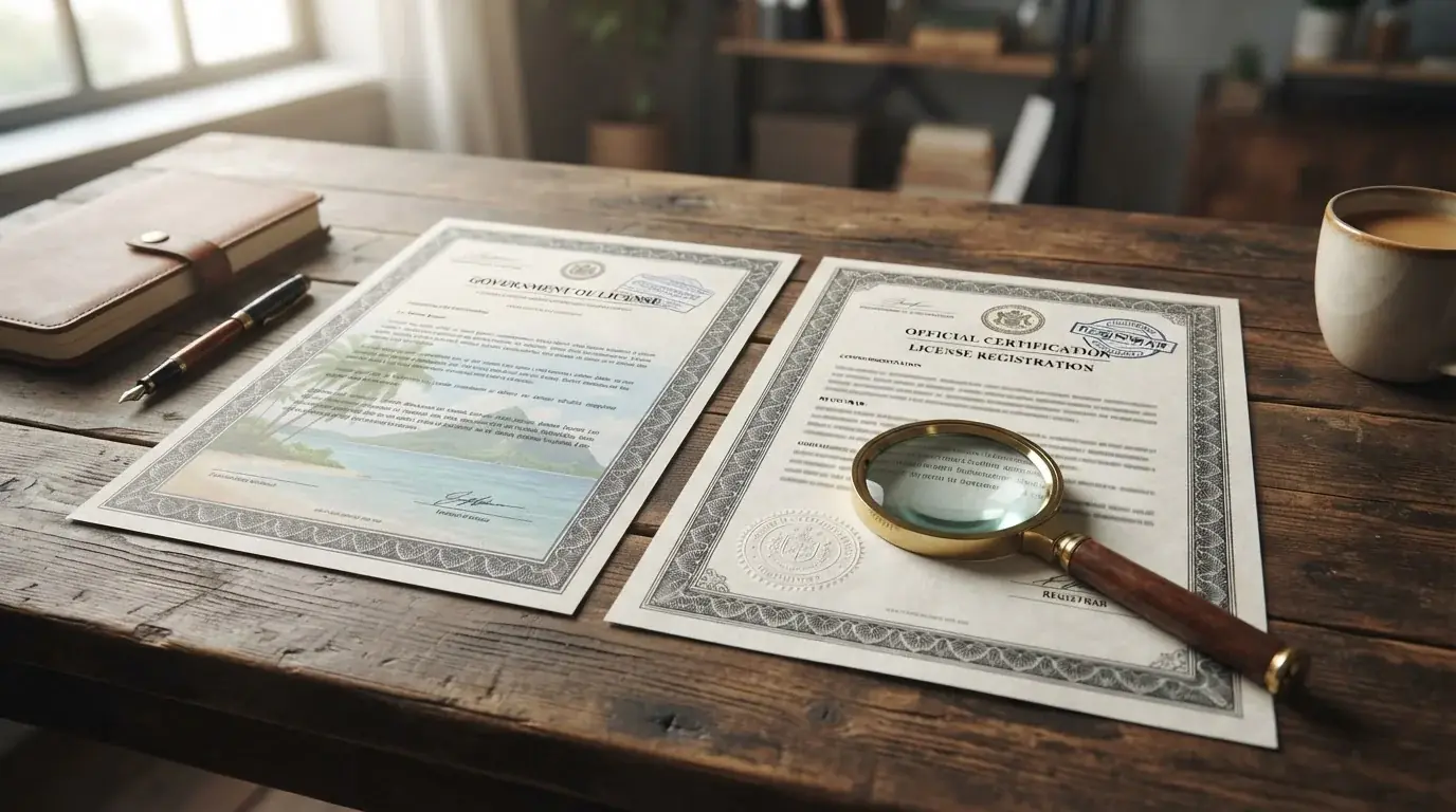 Two official license documents side by side with magnifying glass