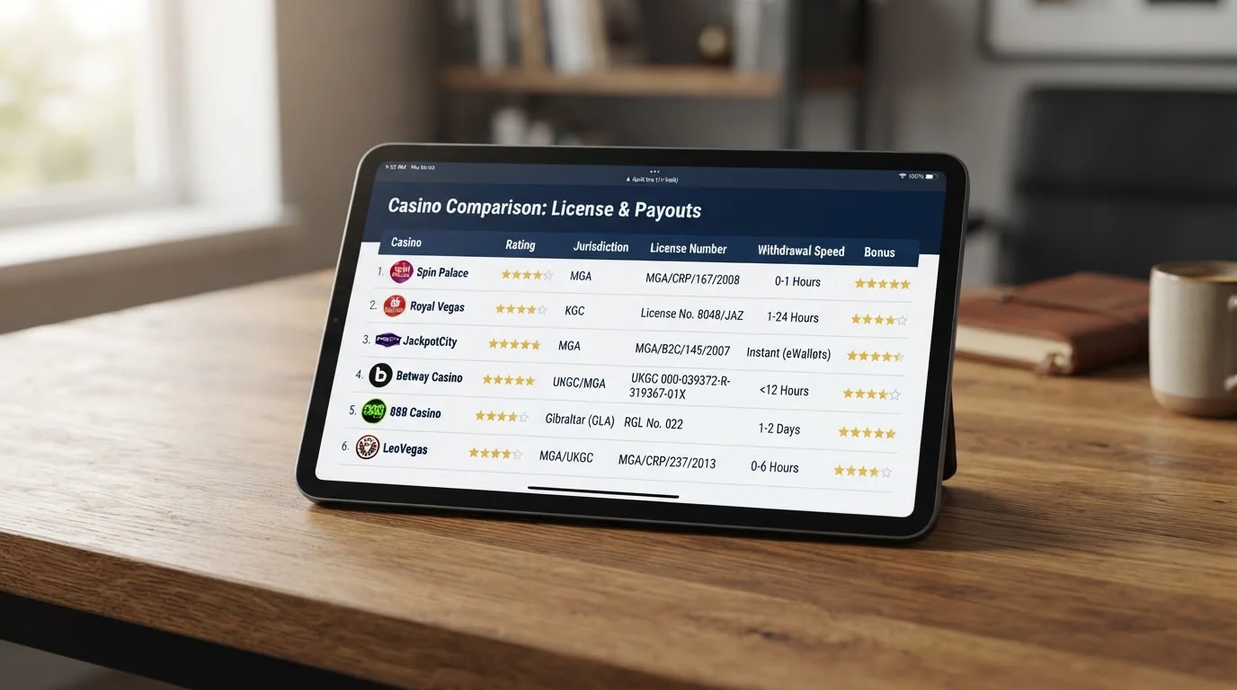 Comparison table displayed on tablet showing offshore casino licenses and withdrawal speeds