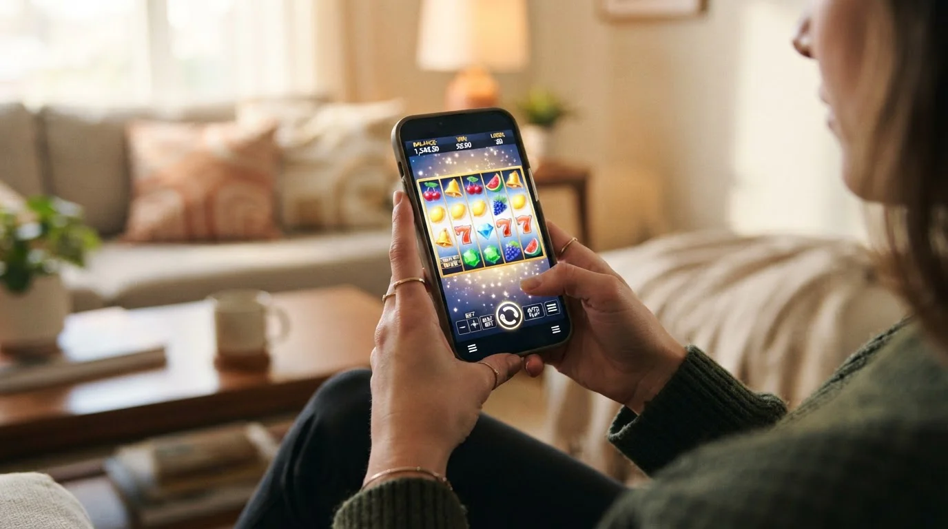 Mobile phone displaying colourful online slot game reels