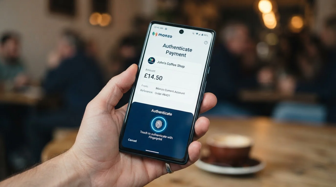 Mobile phone screen showing Open Banking payment authorization through UK bank app