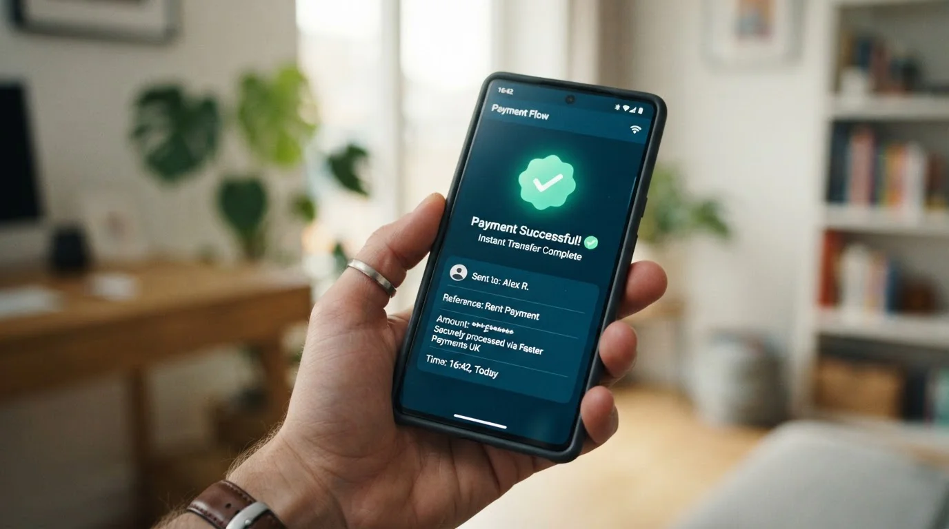Smartphone showing Open Banking instant transfer completing for casino withdrawal