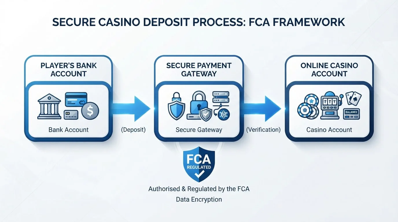 Diagram showing Open Banking payment flow from bank account to casino via FCA-regulated rails