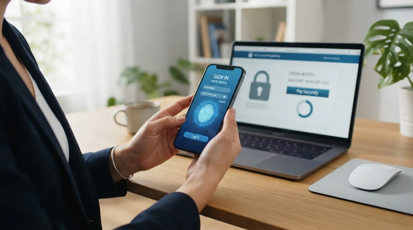 Smartphone showing Open Banking authentication with biometric fingerprint