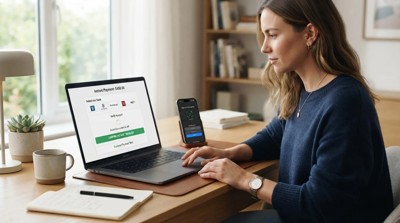 Desktop workspace showing Open Banking Trustly interface with instant bank transfer to casino account