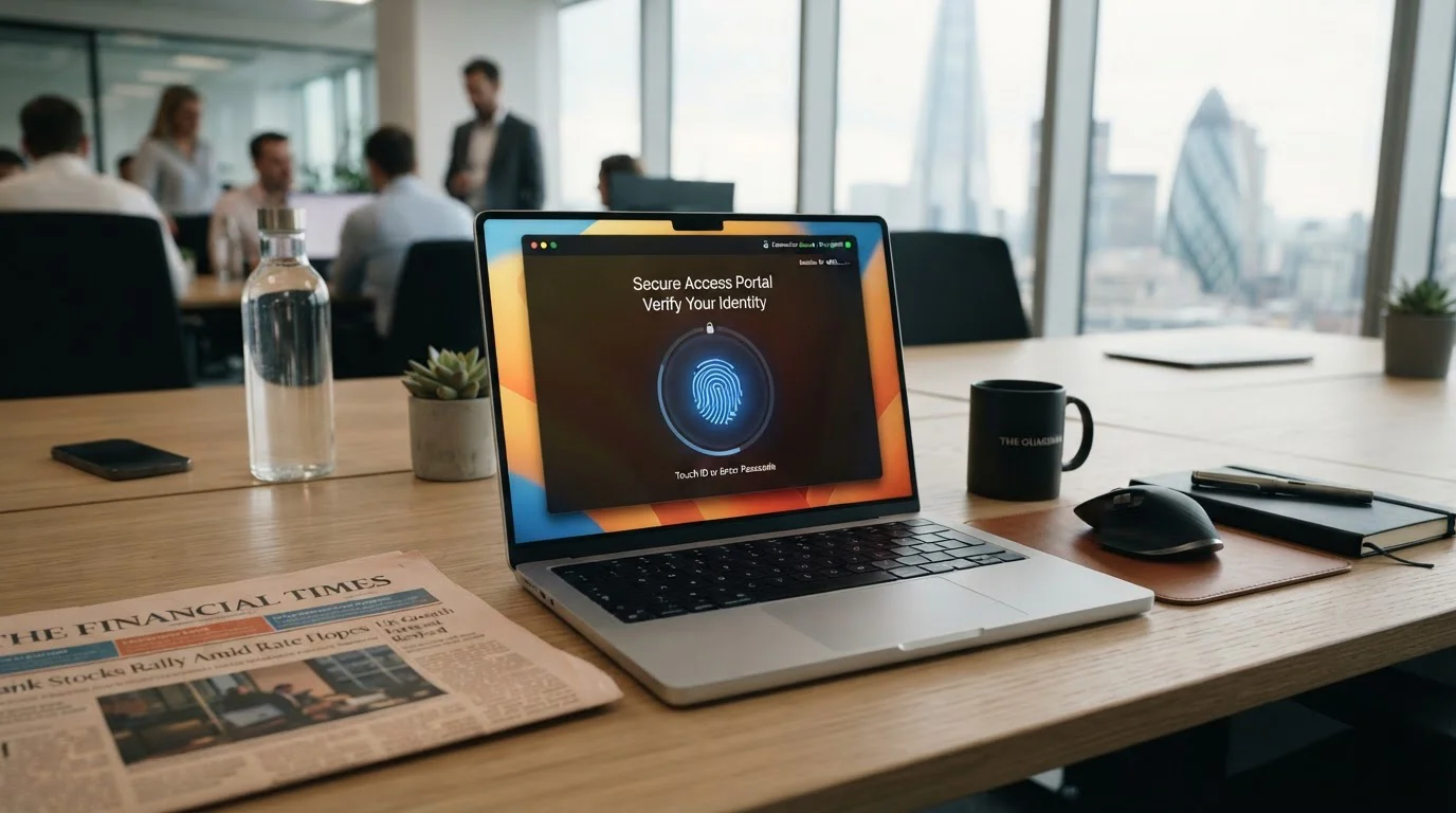 Laptop showing bank authentication interface with biometric icon