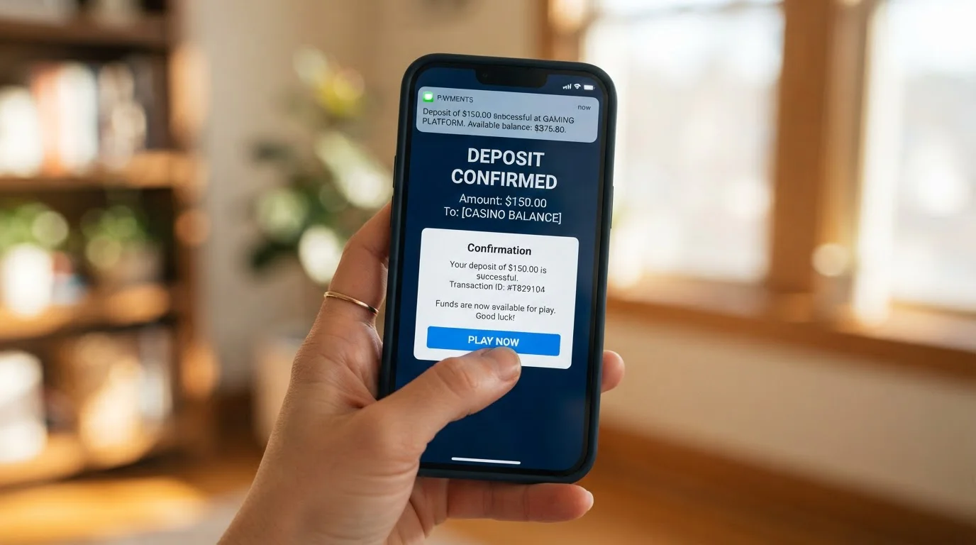Mobile phone displaying Pay by Mobile casino deposit confirmation screen with SMS verification
