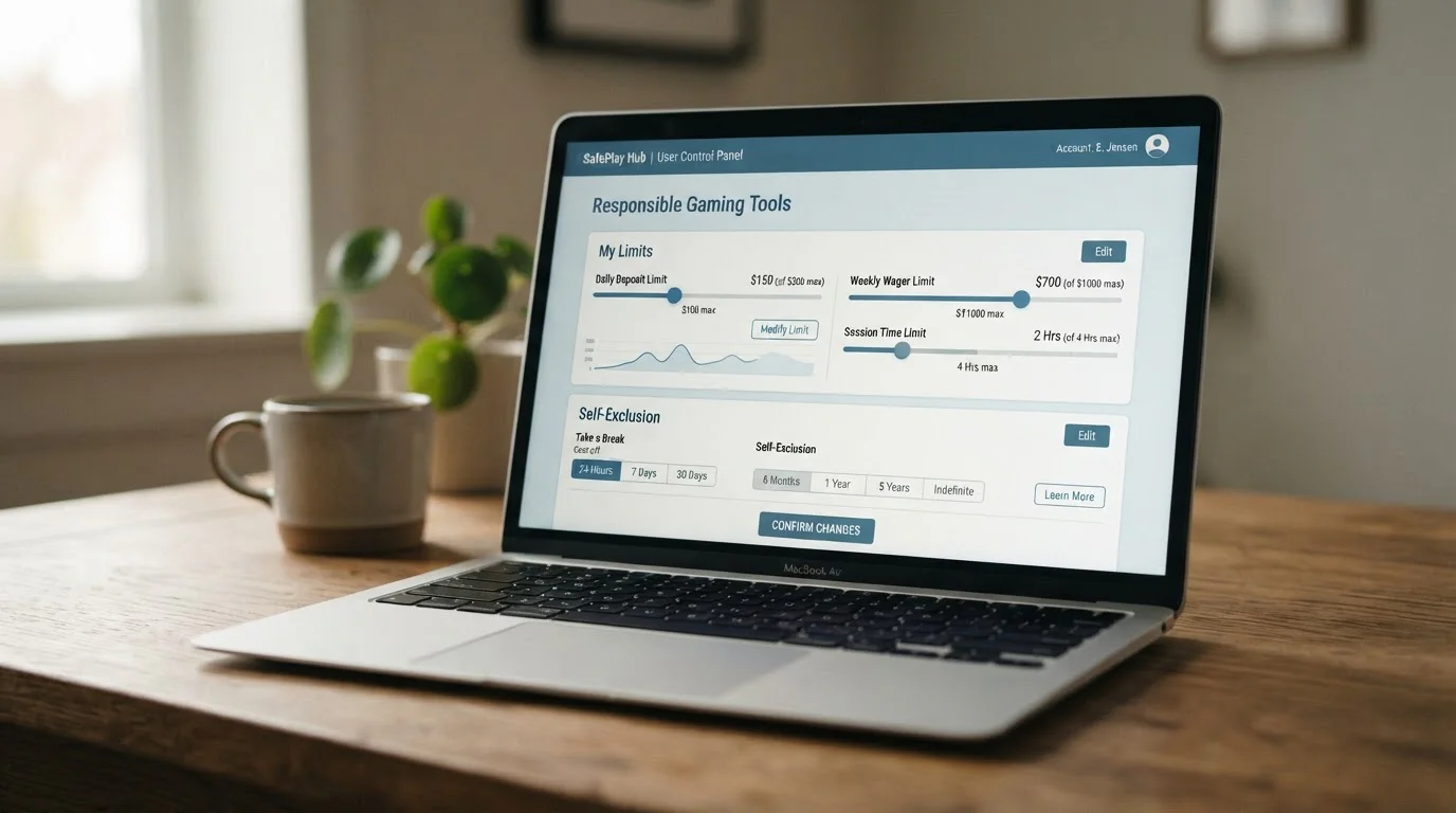 Responsible gambling tools dashboard showing deposit limits and self-exclusion options