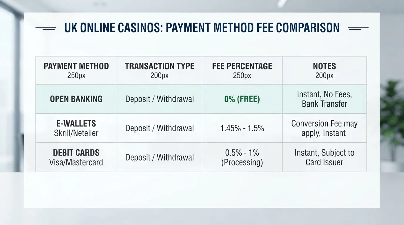 Comparison table showing payment method fees at UK casinos including Open Banking zero fees