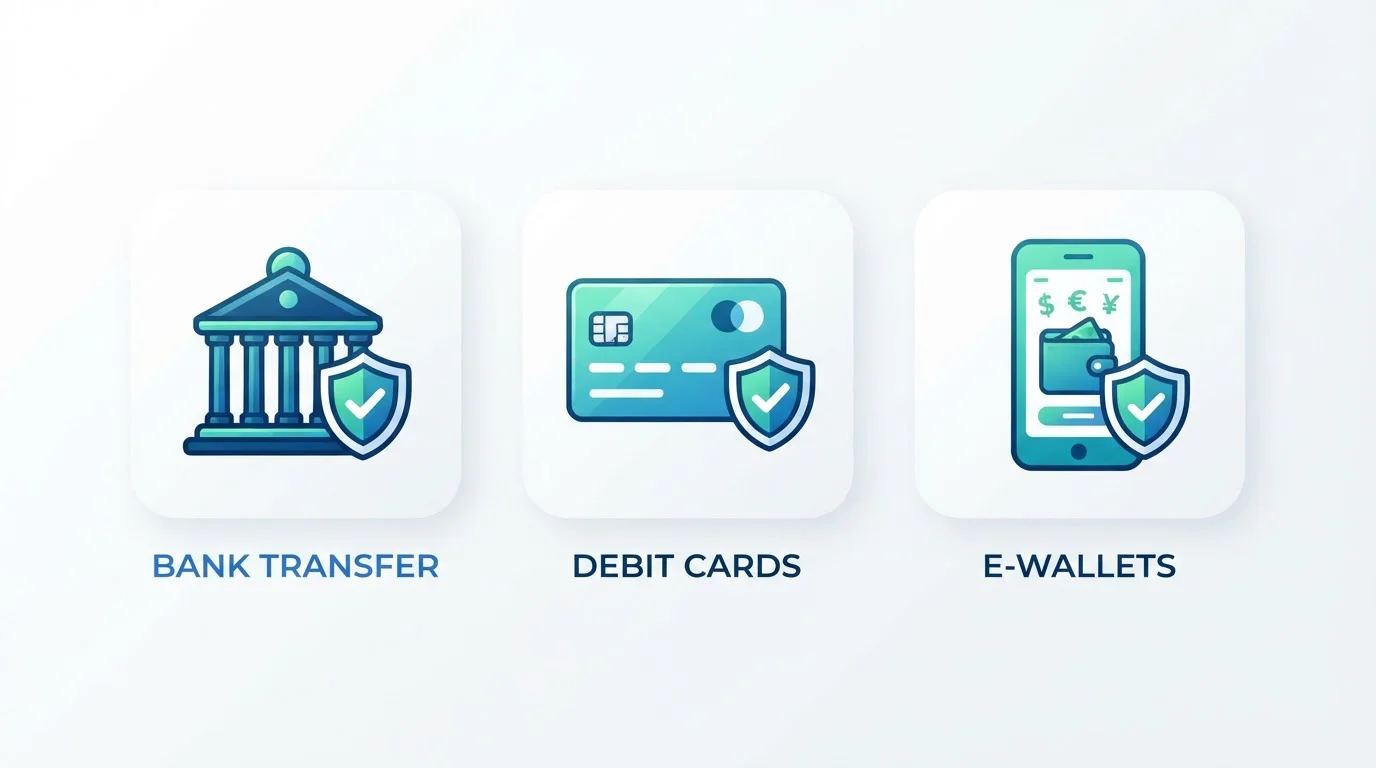 Side-by-side comparison of bank transfer debit card and e-wallet payment methods