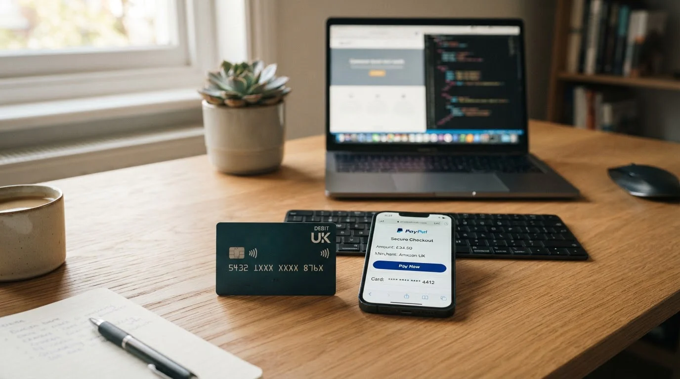 British debit card and smartphone showing PayPal payment interface