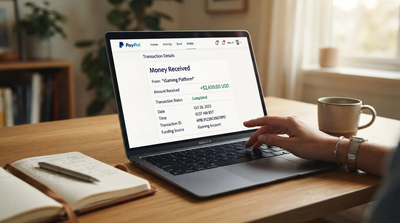 Close-up of PayPal e-wallet interface with casino withdrawal transaction