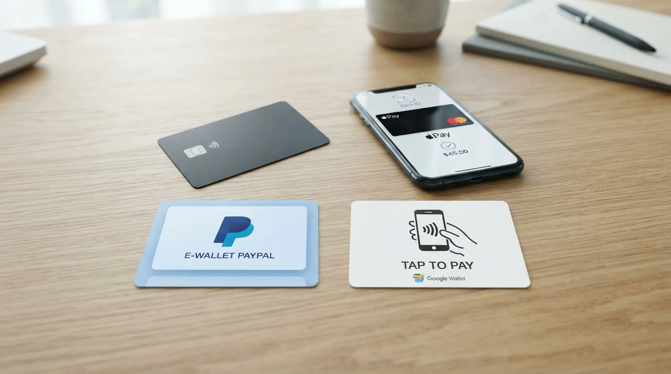 Multiple payment method icons including debit card, Apple Pay interface, and generic e-wallet arranged in comparison grid