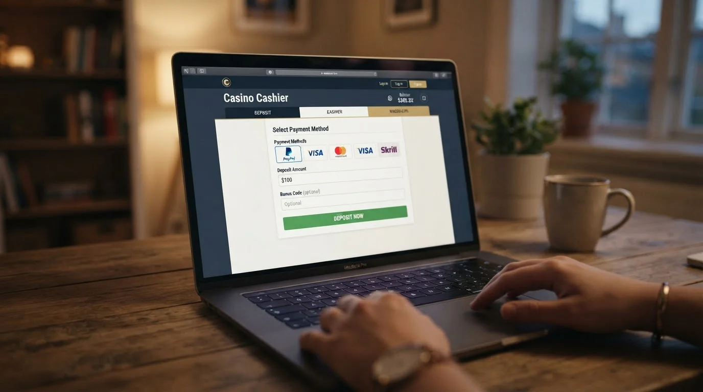 PayPal logo and casino cashier interface showing five pound minimum deposit requirement