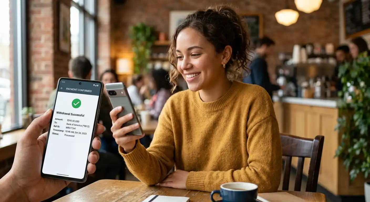 Person using PayPal app on smartphone with casino withdrawal confirmation screen visible