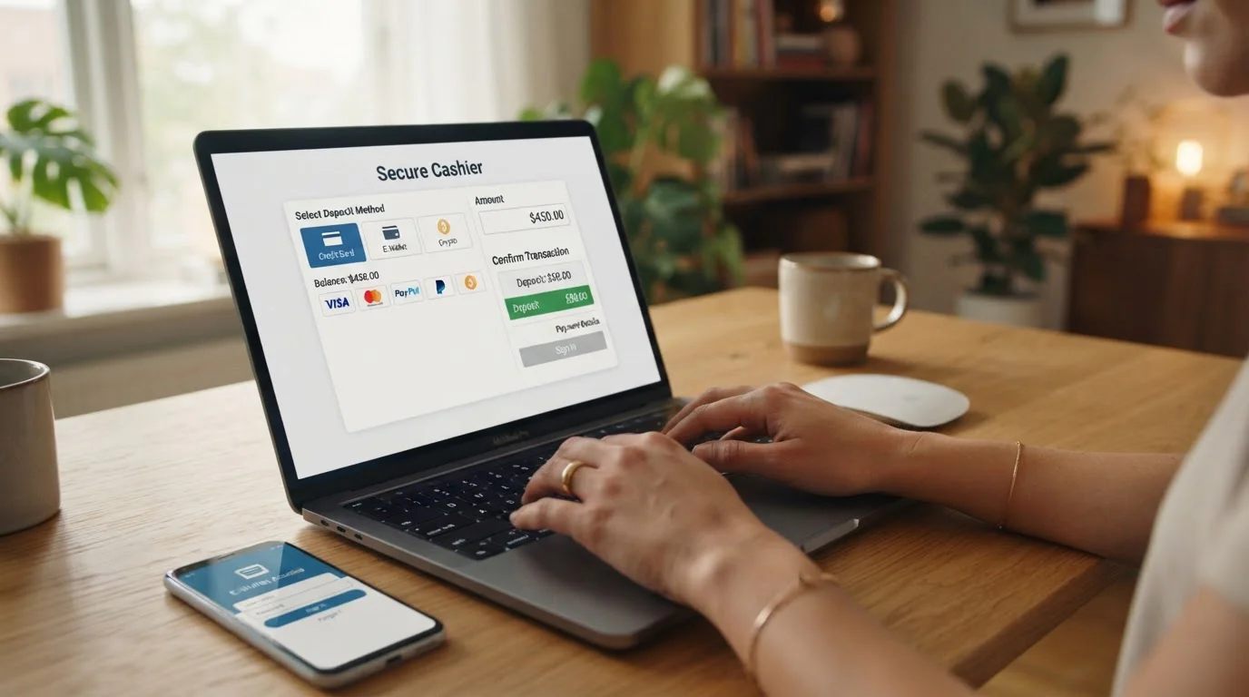 PayPal casino deposit process on laptop showing cashier interface