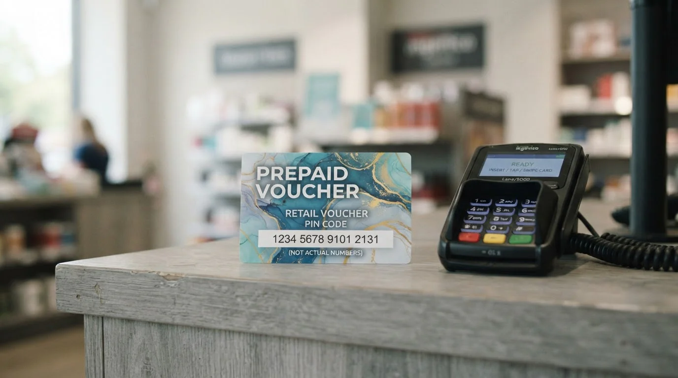 Prepaid voucher card with PIN code on retail counter next to payment terminal