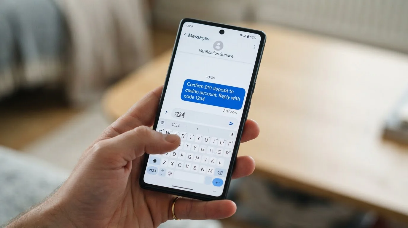 Mobile phone showing SMS confirmation for casino deposit