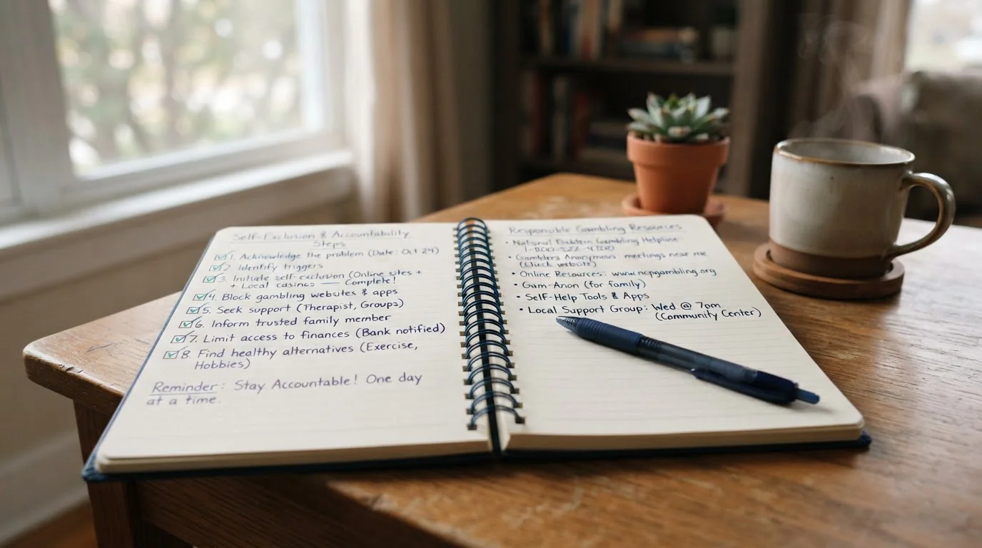 Notebook with self-exclusion checklist and responsible gambling resources documentation