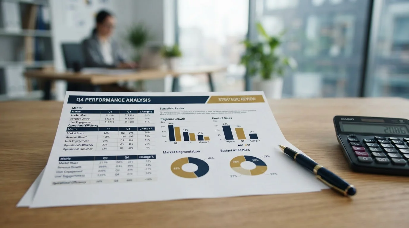 Document with percentage calculations and statistical data on desk