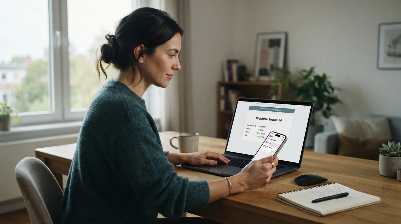 Person at desk reviewing casino withdrawal confirmation on laptop screen with Skrill wallet interface visible on smartphone
