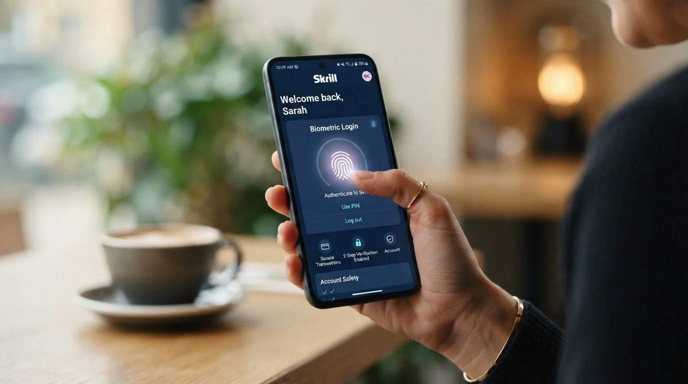 Person using smartphone with Skrill mobile app showing biometric fingerprint login and secure transaction interface