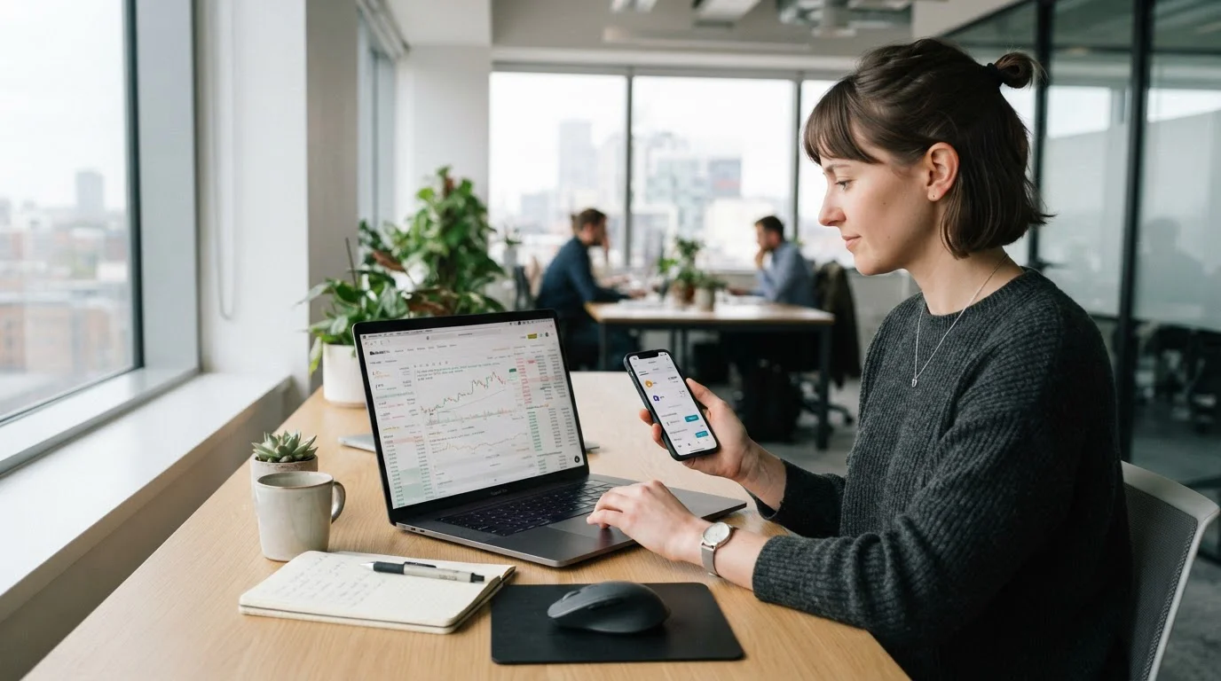 Person using laptop and smartphone for cryptocurrency deposit process