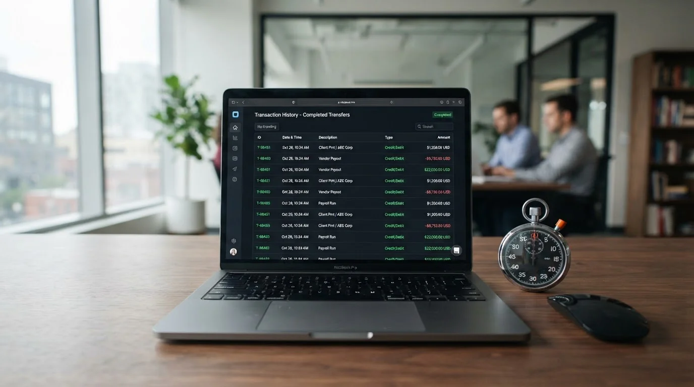 Laptop showing transaction history interface with stopwatch beside keyboard