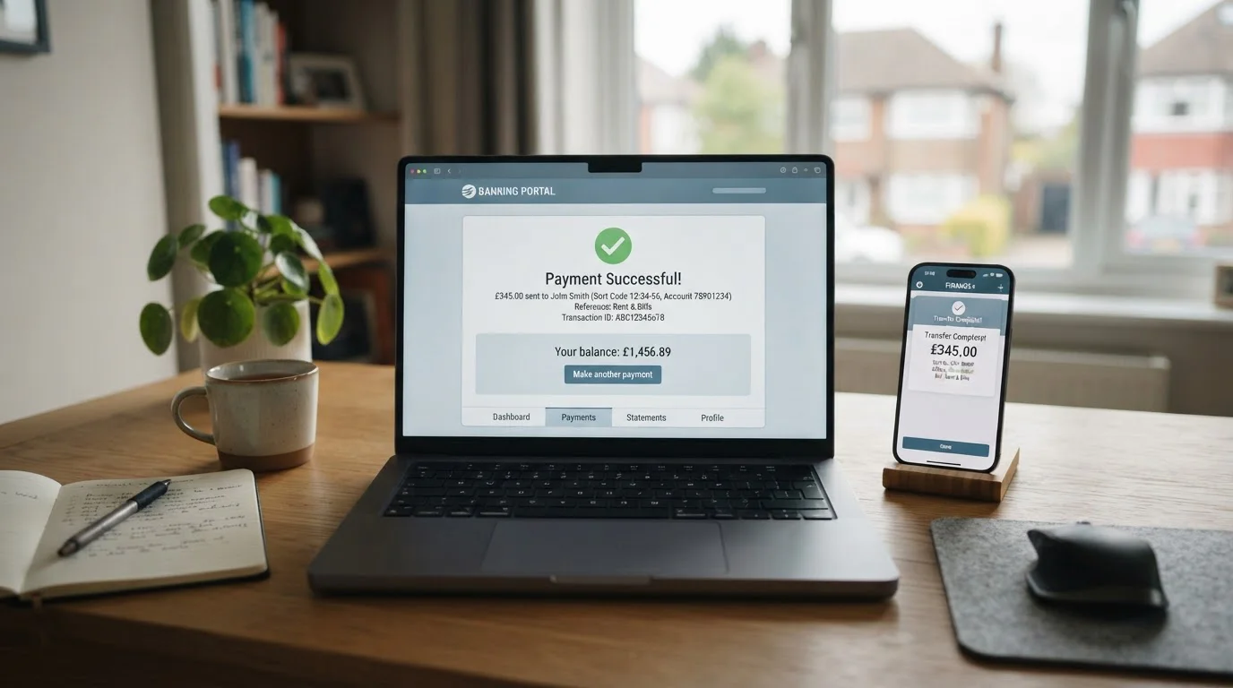Laptop showing an online banking login with an instant transfer confirmation beside a smartphone banking app