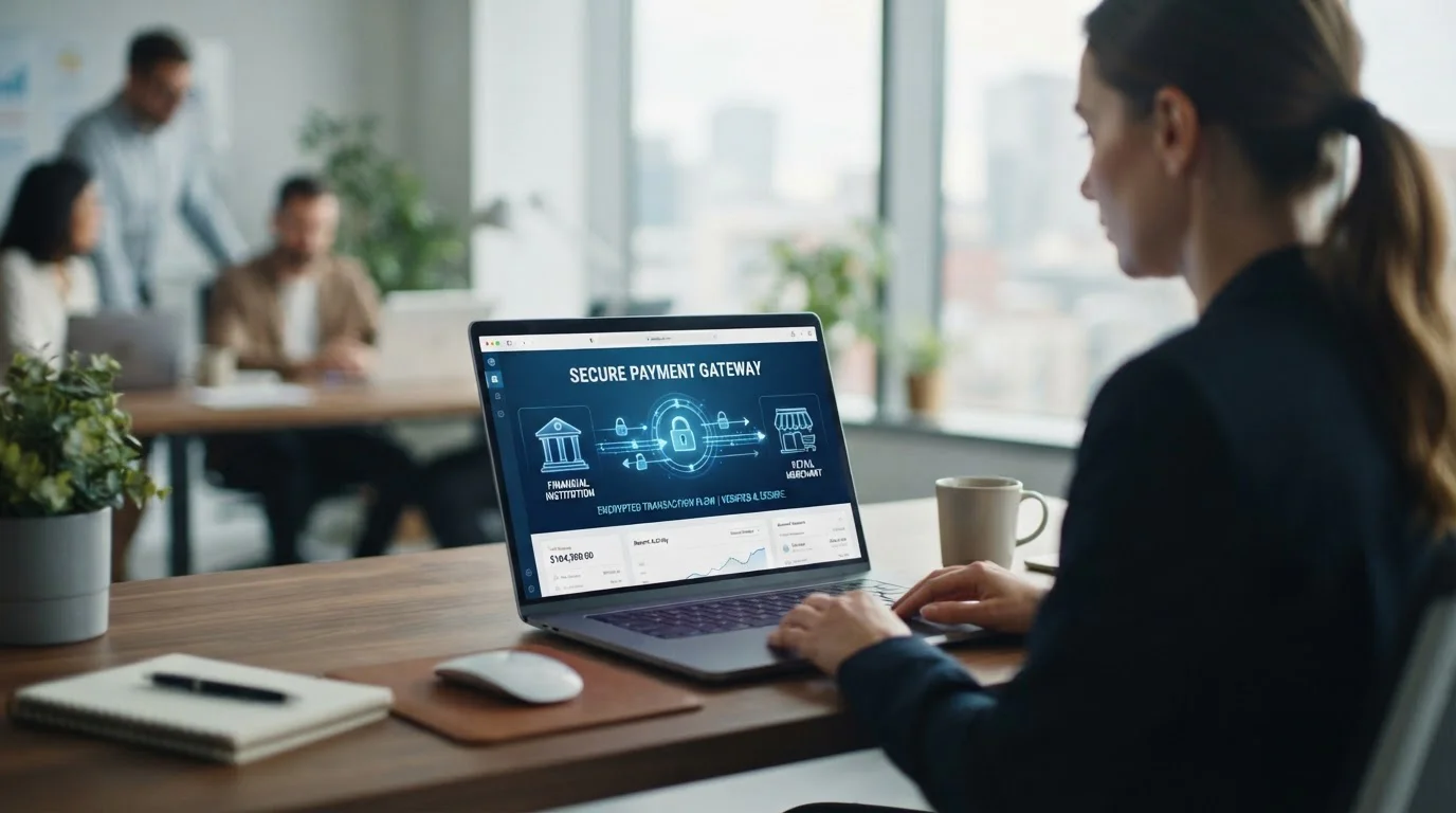 Laptop screen showing Trustly Open Banking interface connecting to UK bank account