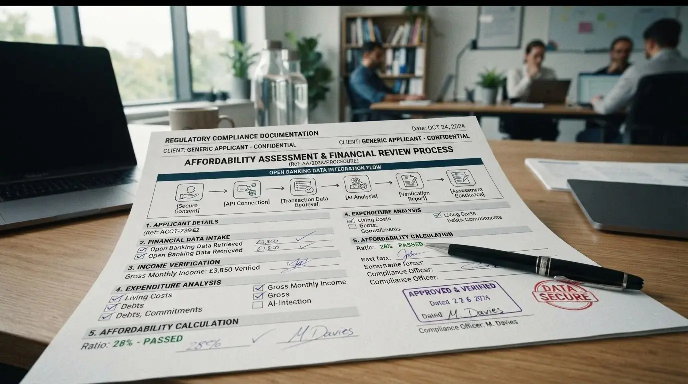 Document showing UK affordability check process with Open Banking data integration