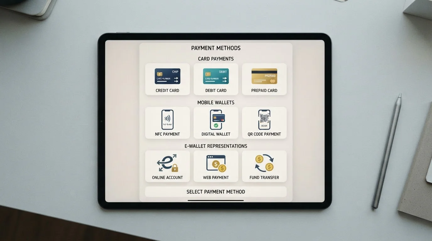 Array of payment method icons on tablet screen with no brand logos