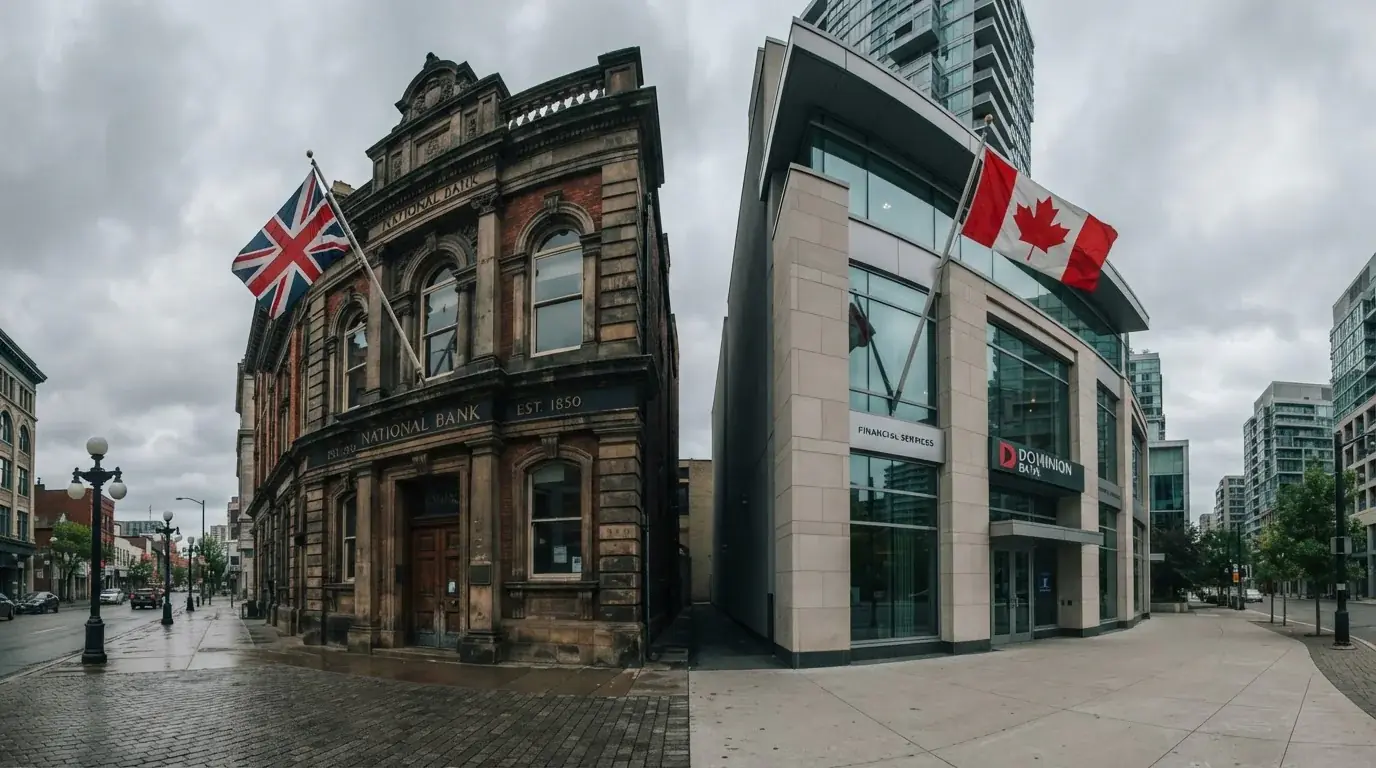Split image showing UK and Canadian banking environments separated by physical gap