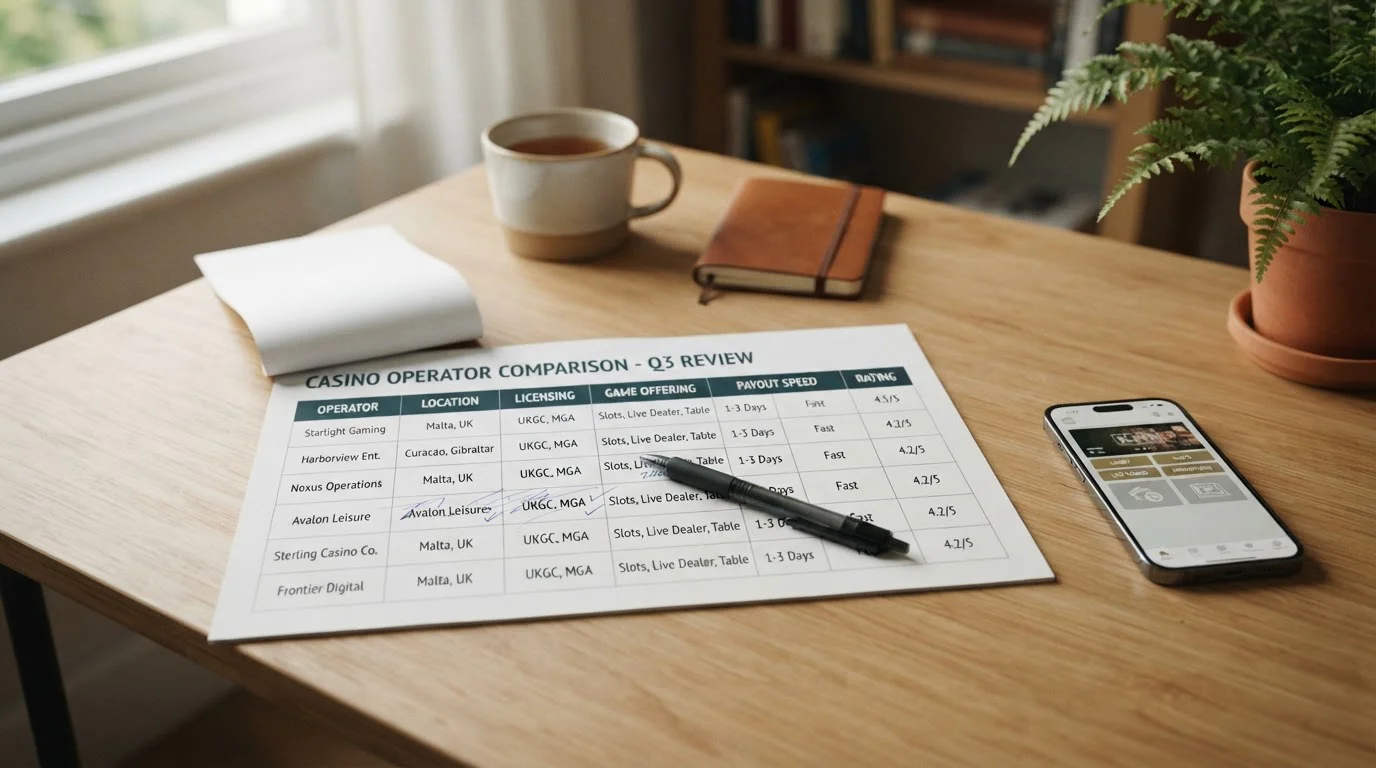 Detailed comparison sheet showing UK casino operators and deposit thresholds