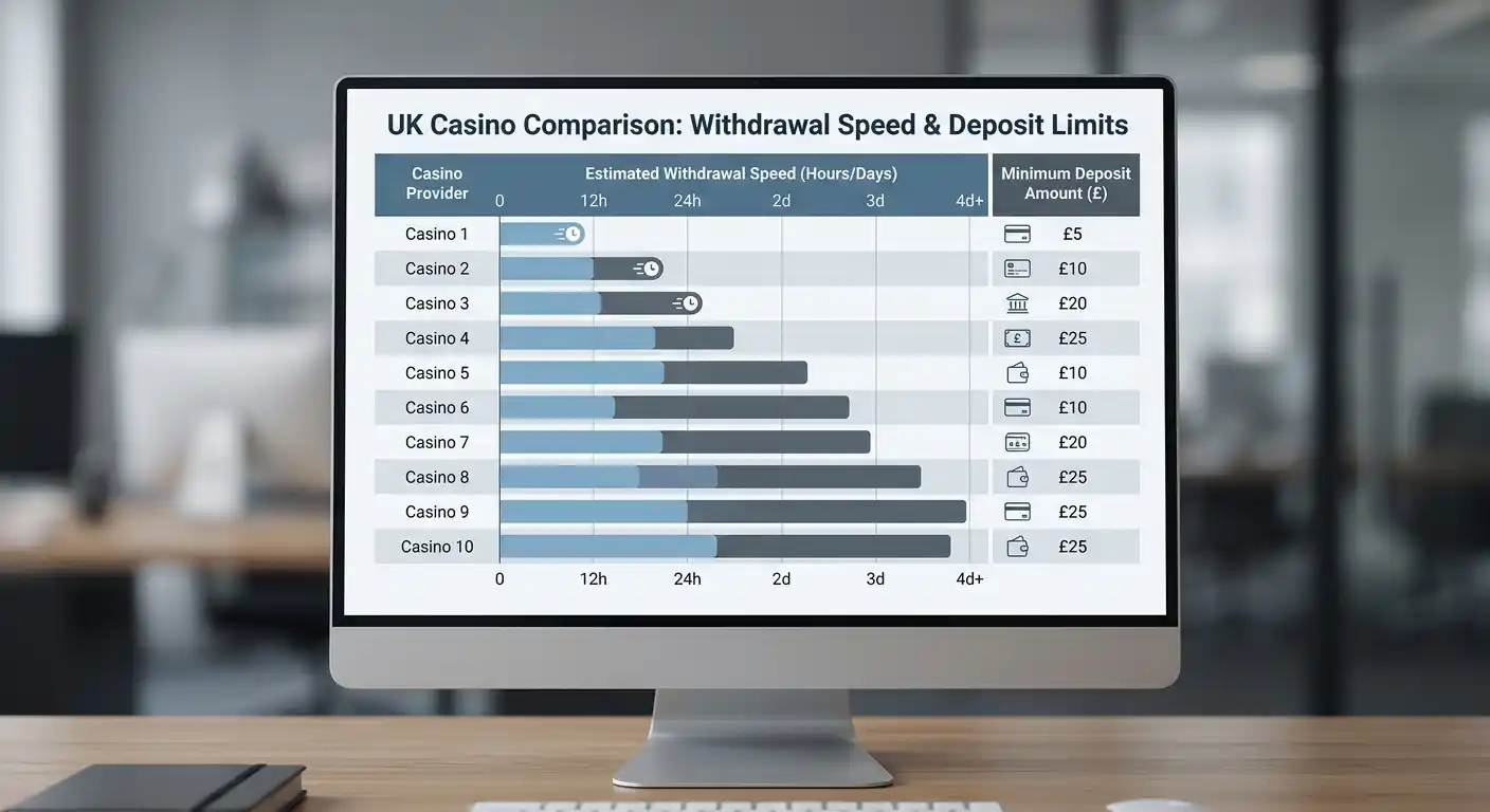 Comparison chart showing UK casino withdrawal speeds and minimum deposits for debit cards