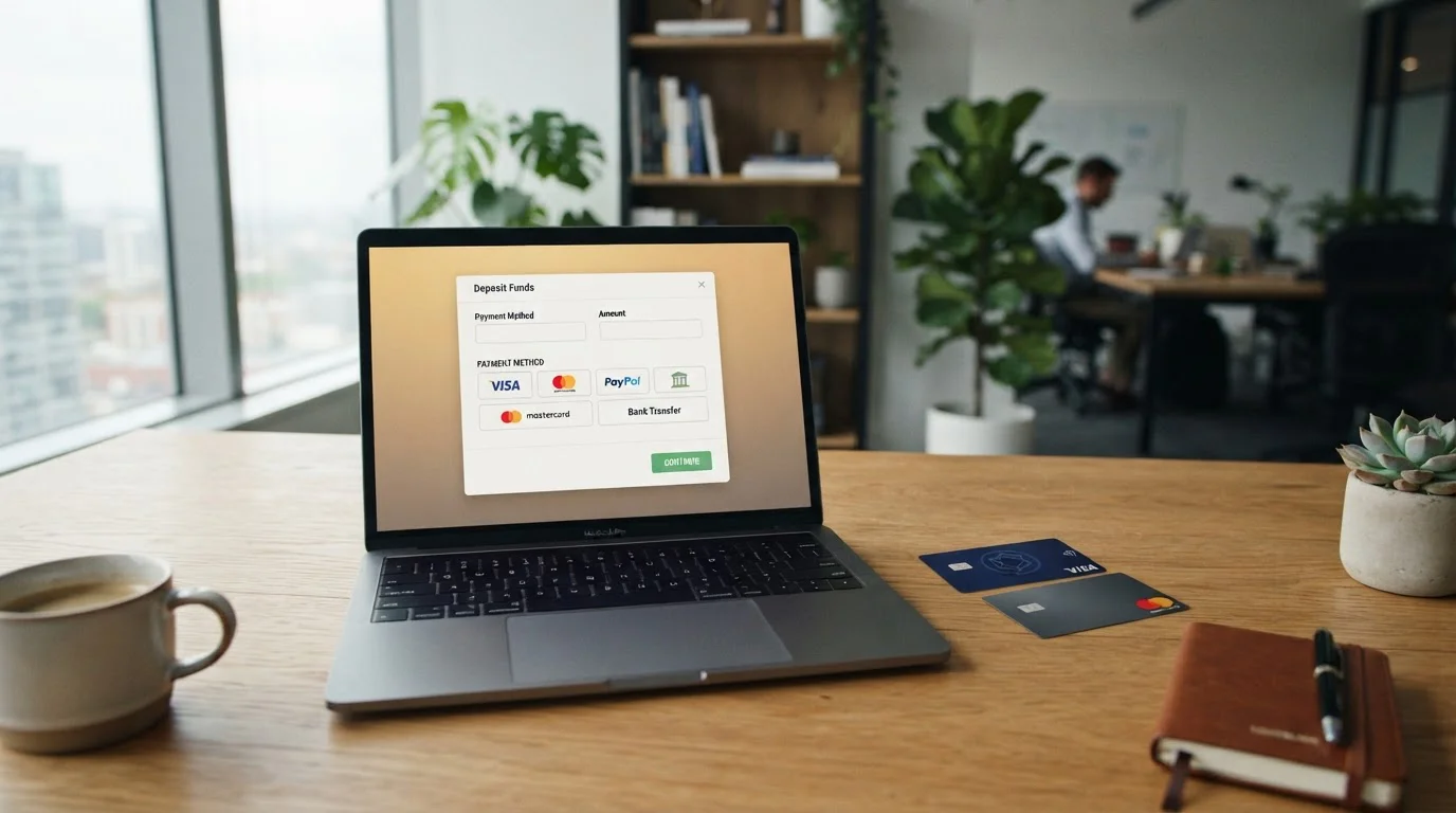 Visa and Mastercard debit cards displayed on desk with laptop showing casino cashier page