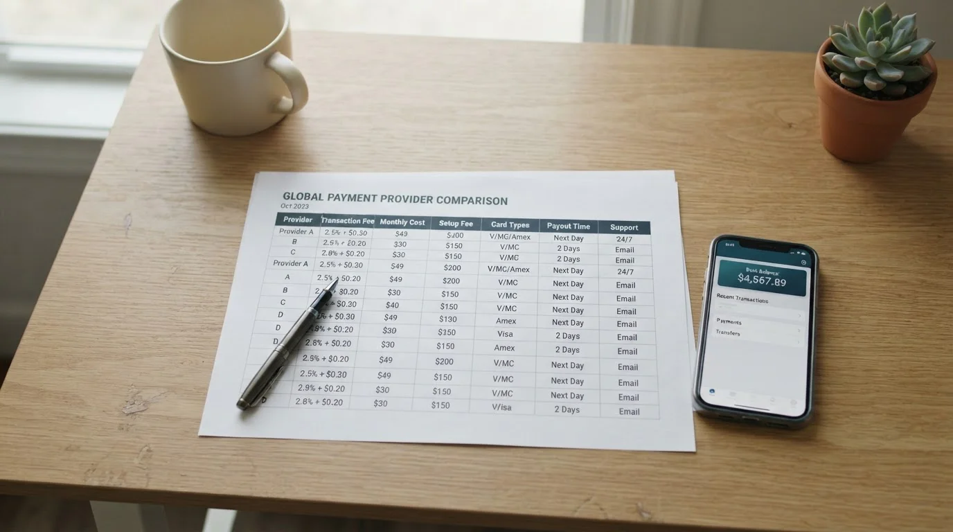 Overhead view of desk with printed payment comparison document showing rows and columns alongside smartphone