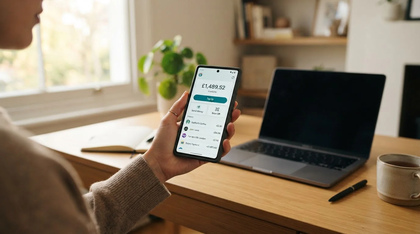Mobile phone displaying e-wallet app interface with payment options and transaction history