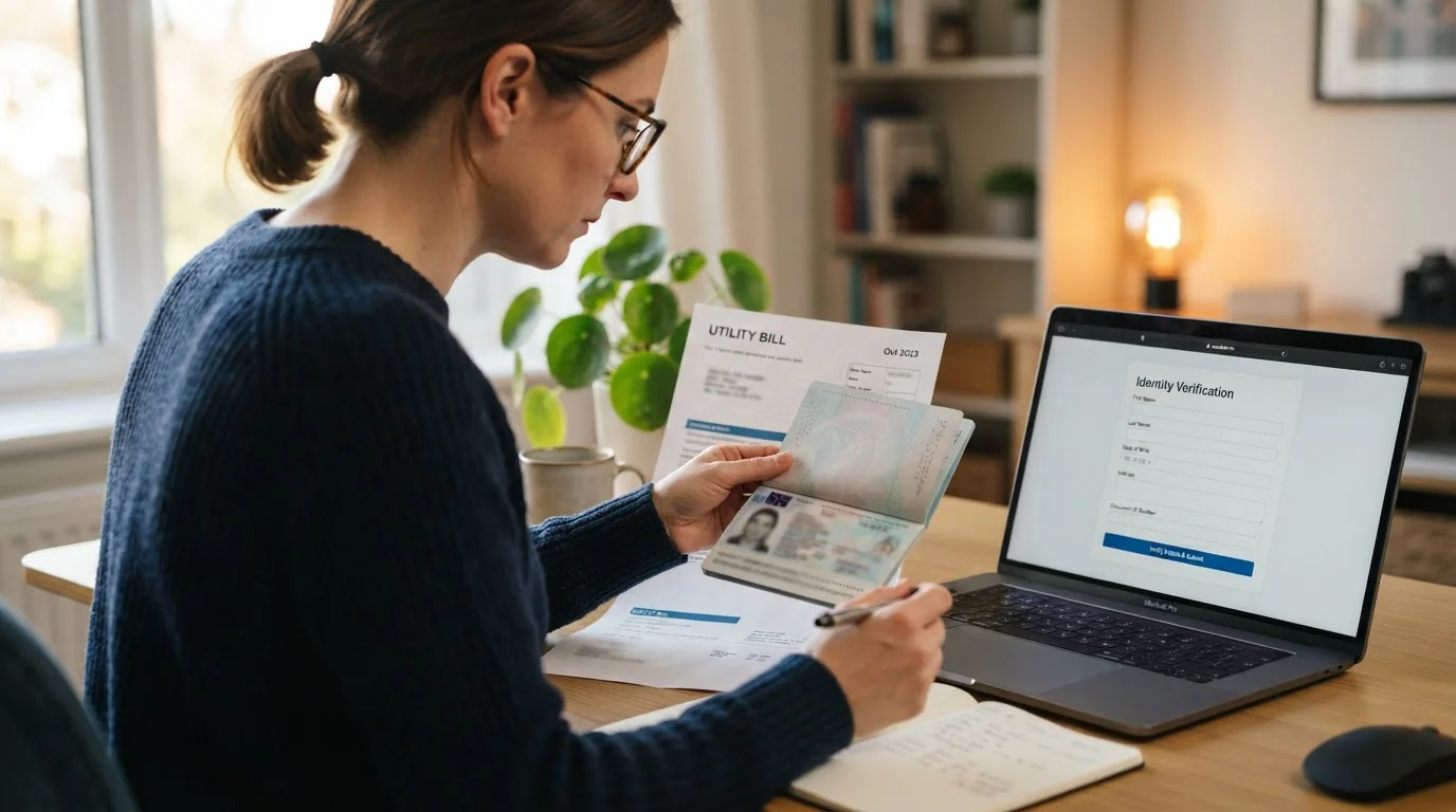 Person reviewing casino account verification documents at a desk