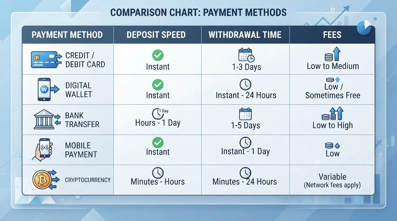 Comparison chart showing multiple payment method icons with transaction speed indicators
