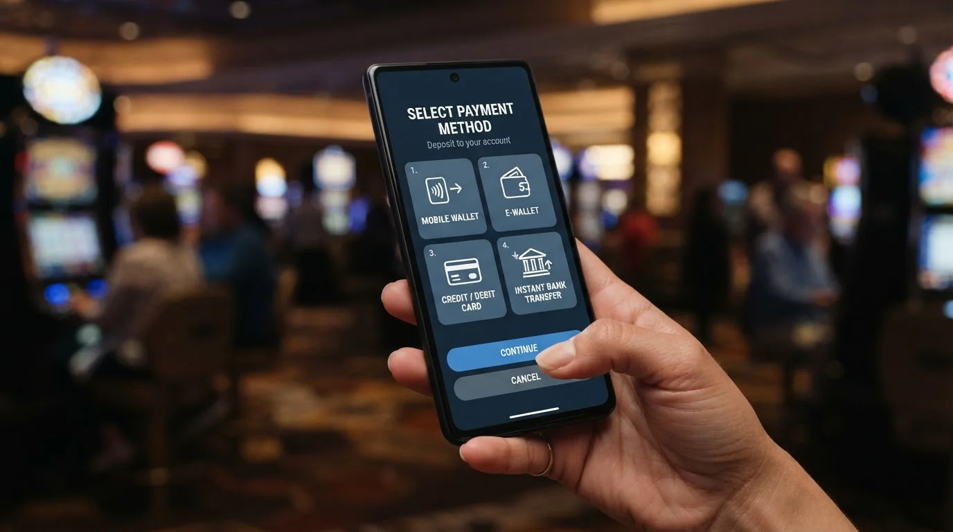 Smartphone displaying various payment method icons including Pay by Mobile, PayPal, and debit cards