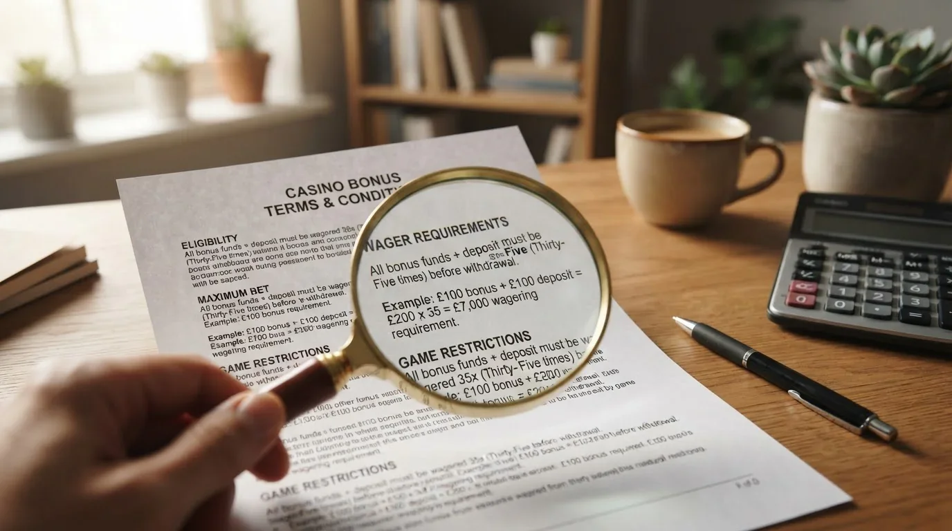 Casino welcome bonus terms document with magnifying glass highlighting wagering requirements