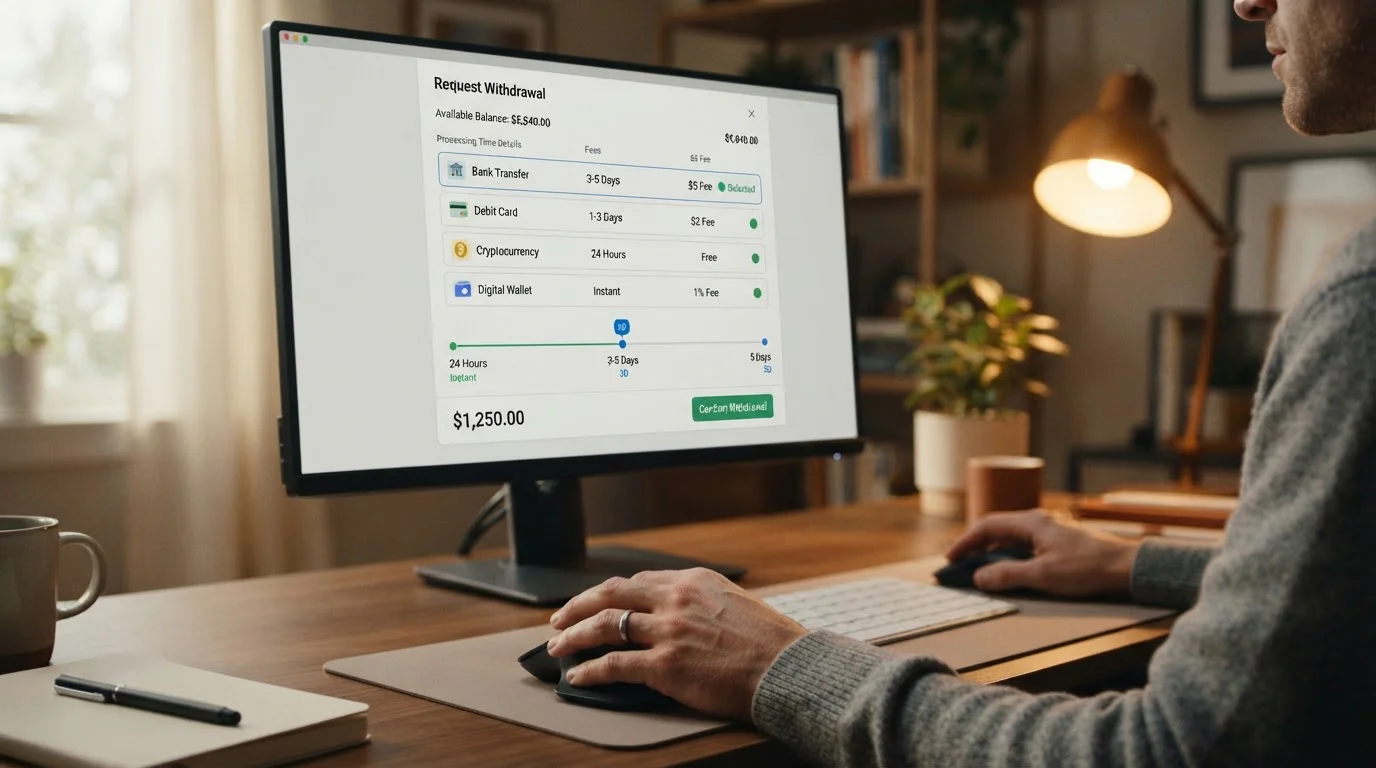 Withdrawal request screen showing processing times for different payment methods