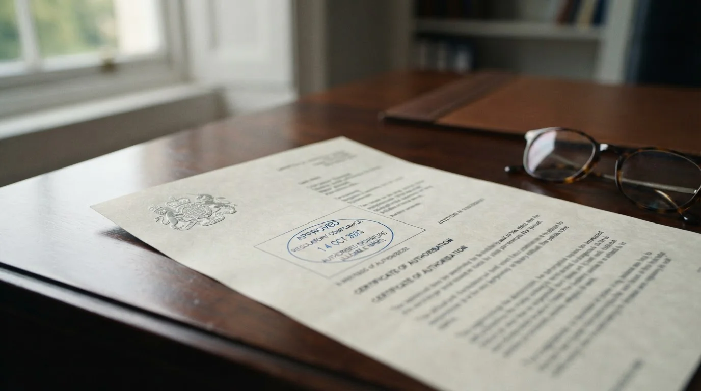 UK regulatory document with government crest and official stamp