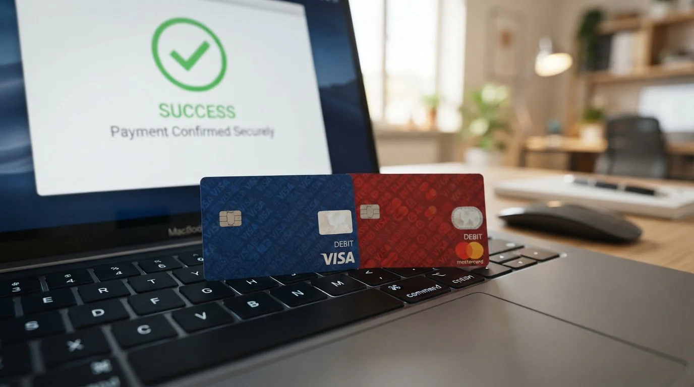 Close-up of Visa and Mastercard debit cards on laptop keyboard with secure payment confirmation
