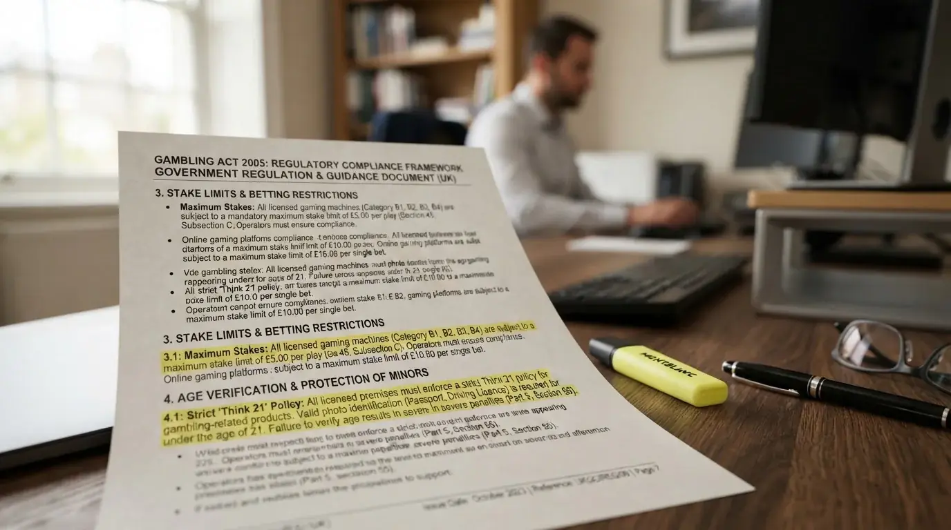 UKGC regulatory document with highlighted sections on stake limits and deposit rules
