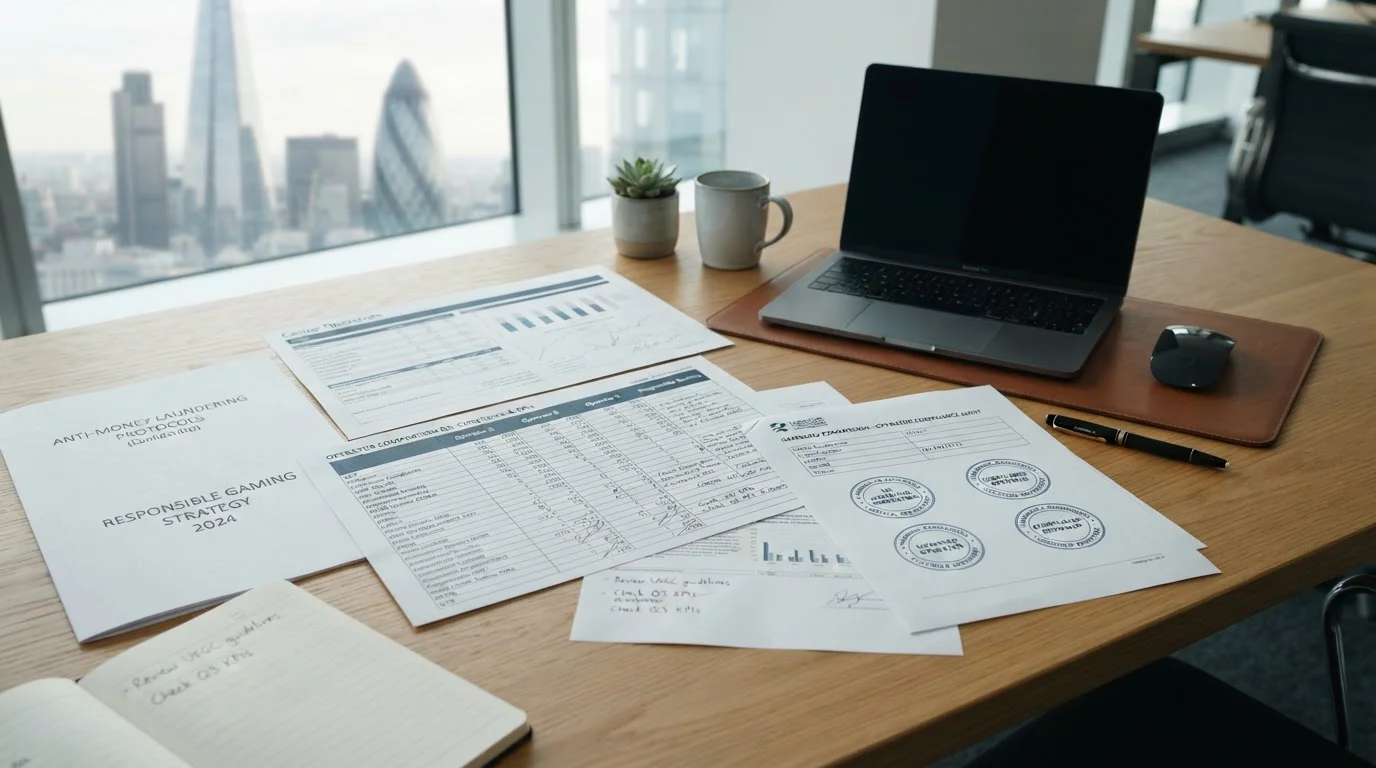 Professional office desk with UKGC licensing documents and multiple casino operator comparison sheets
