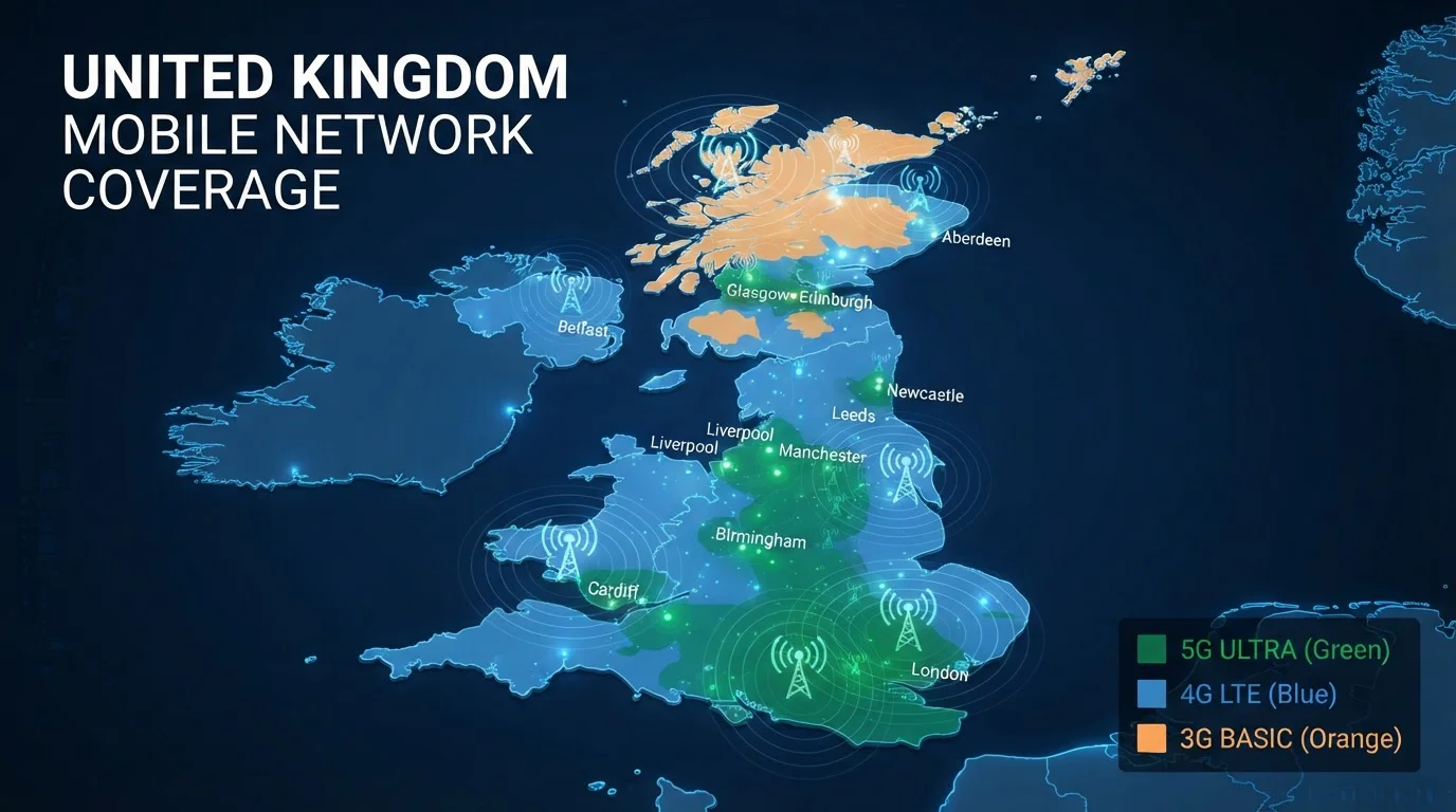 Map of UK showing EE, Vodafone, O2, and Three network coverage