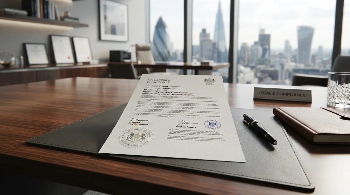 Official regulatory document with UK Gambling Commission seal on professional desk