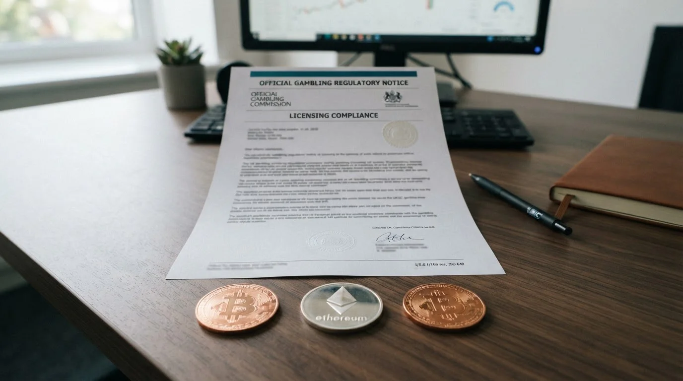 Official UK Gambling Commission licensing document and cryptocurrency symbols representing regulatory prohibition