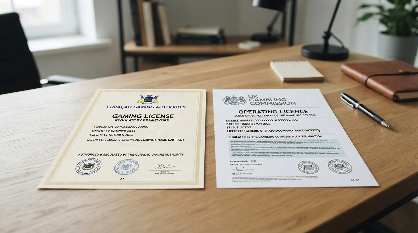 Curaçao gaming license document next to UKGC regulatory framework papers